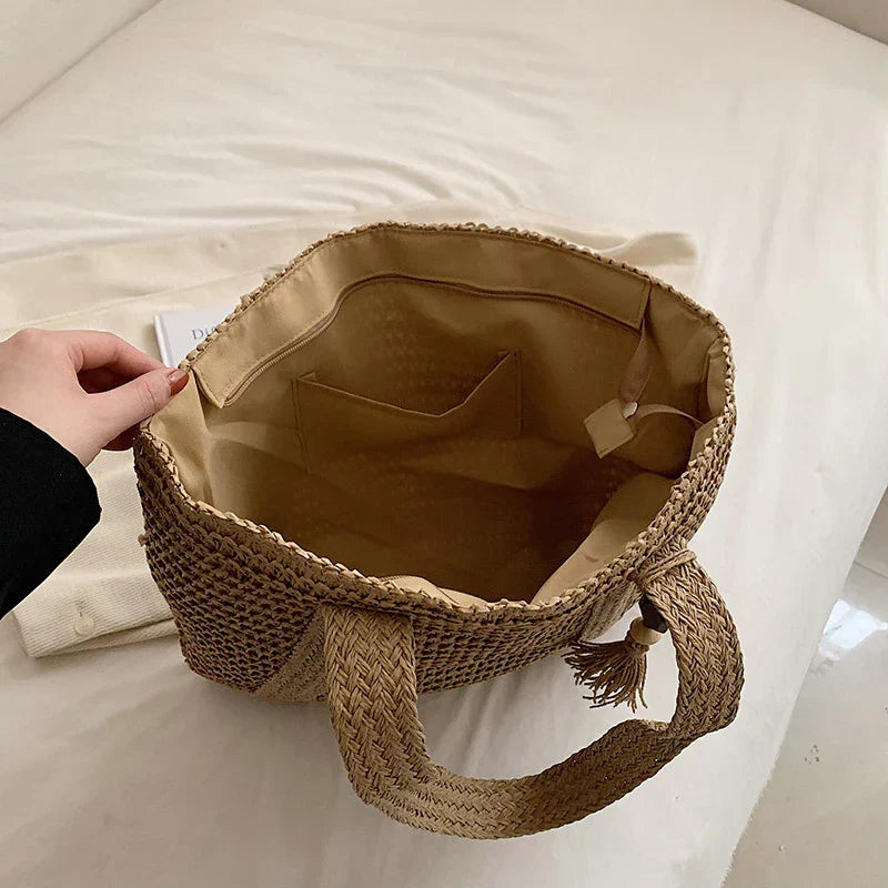 Tote Bag Straw with Zip Closure and Two Large Handles