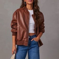 Bomber Jacket Faux Leather with Soft Lining and Zip Front