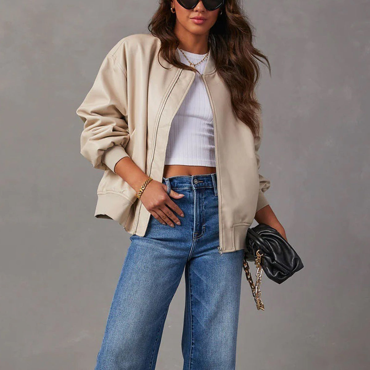 Bomber Jacket Faux Leather with Soft Lining and Zip Front