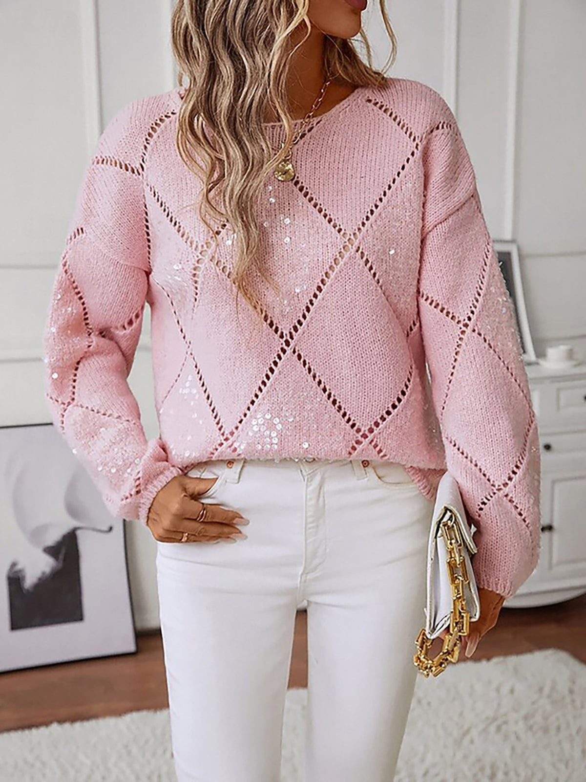 Sequin Diamond Puff Sleeve Jumper