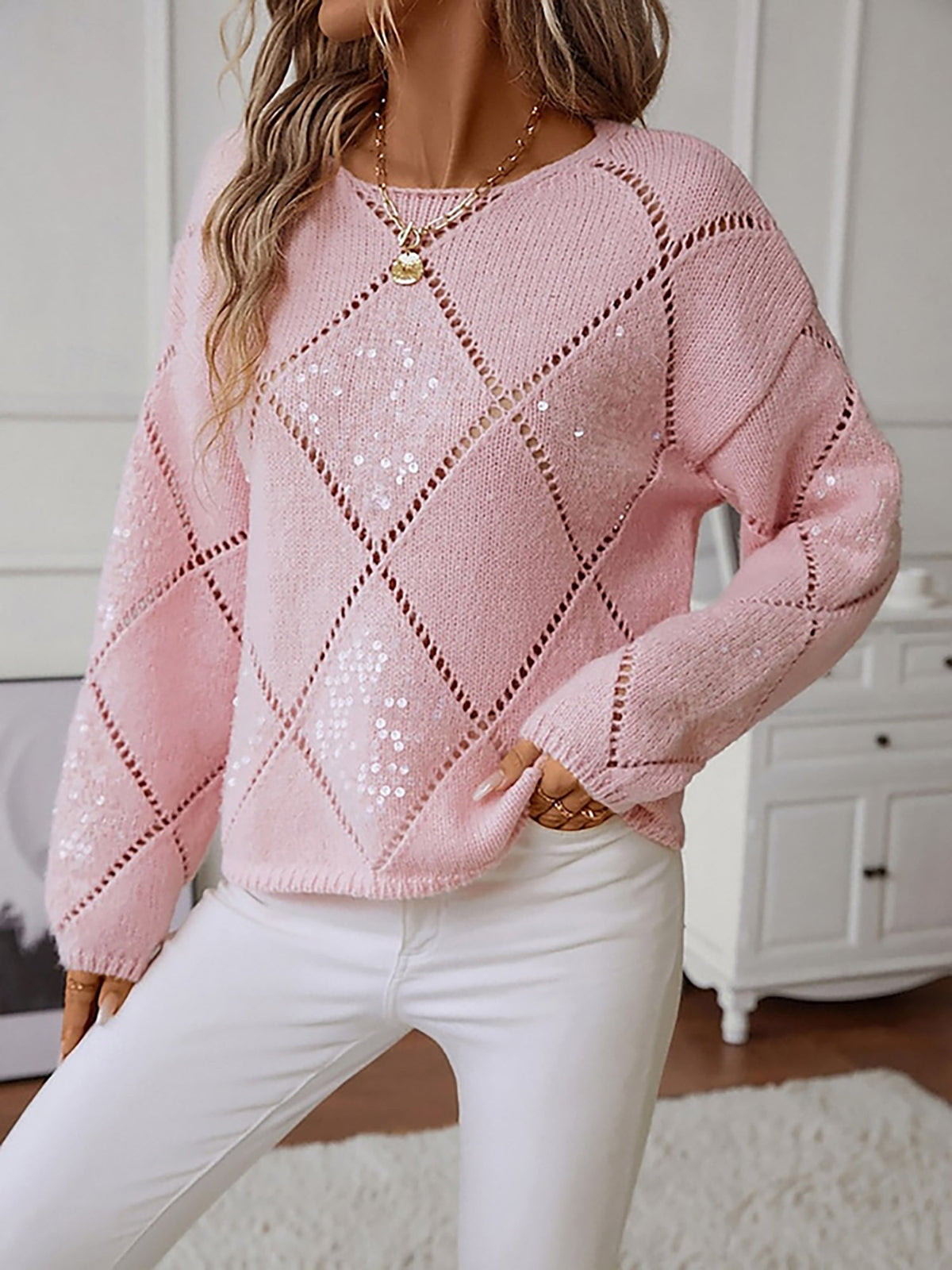 Sequin Diamond Puff Sleeve Jumper