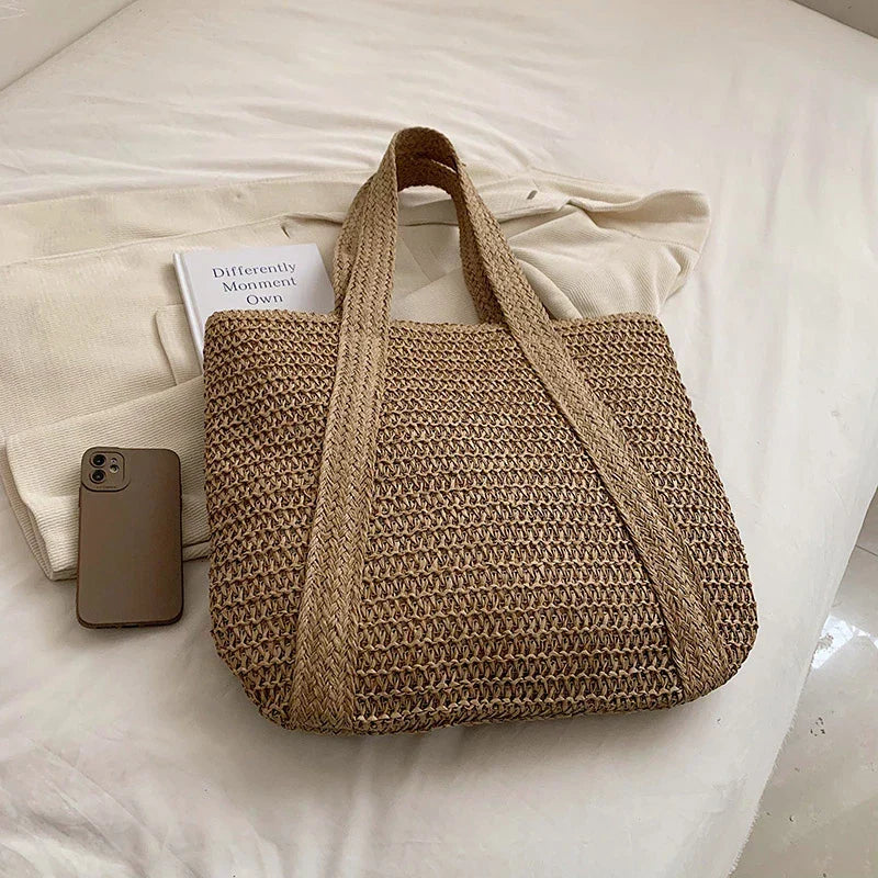 Tote Bag Straw with Zip Closure and Two Large Handles