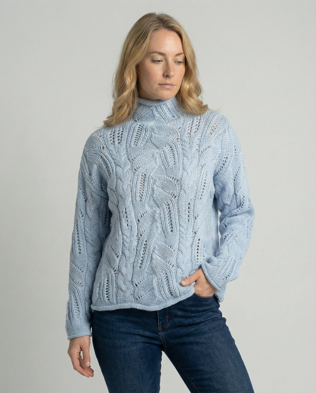 Cable Pointelle Roll Neck Jumper