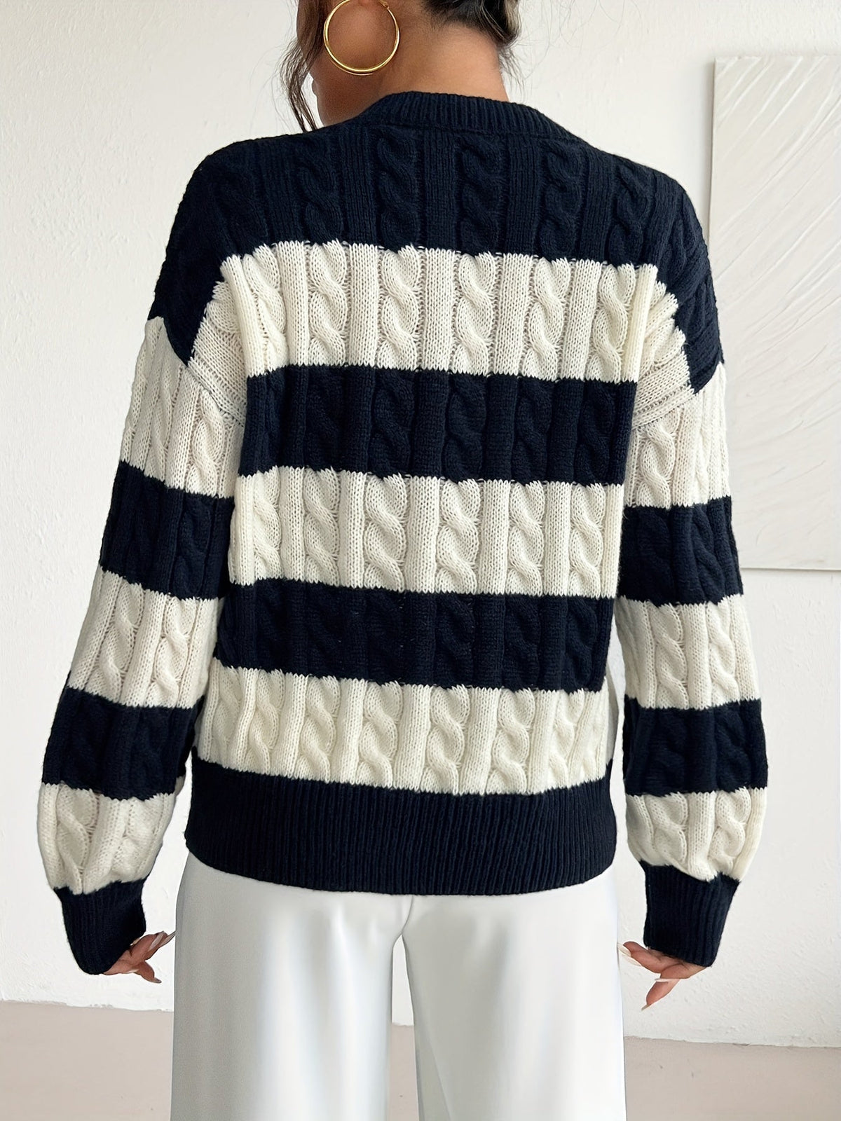 Striped Cable V-Neck Jumper
