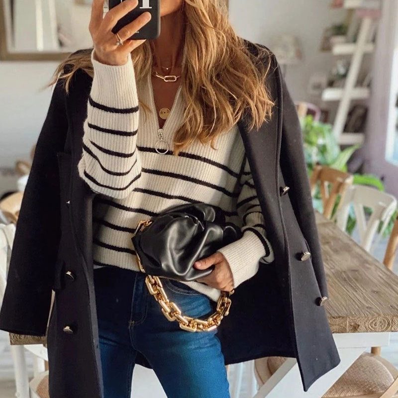 Striped Half Zip Knit Jumper with Ribbed Texture