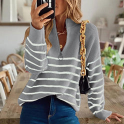 Striped Half Zip Knit Jumper with Ribbed Texture