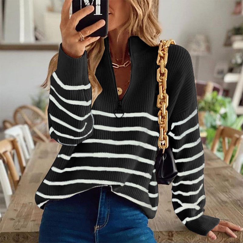 Striped Half Zip Knit Jumper with Ribbed Texture