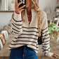 Striped Half Zip Knit Jumper with Ribbed Texture
