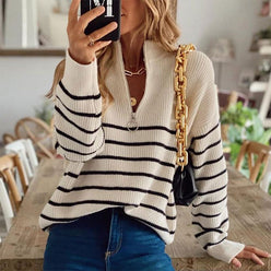 Striped Half Zip Knit Jumper with Ribbed Texture
