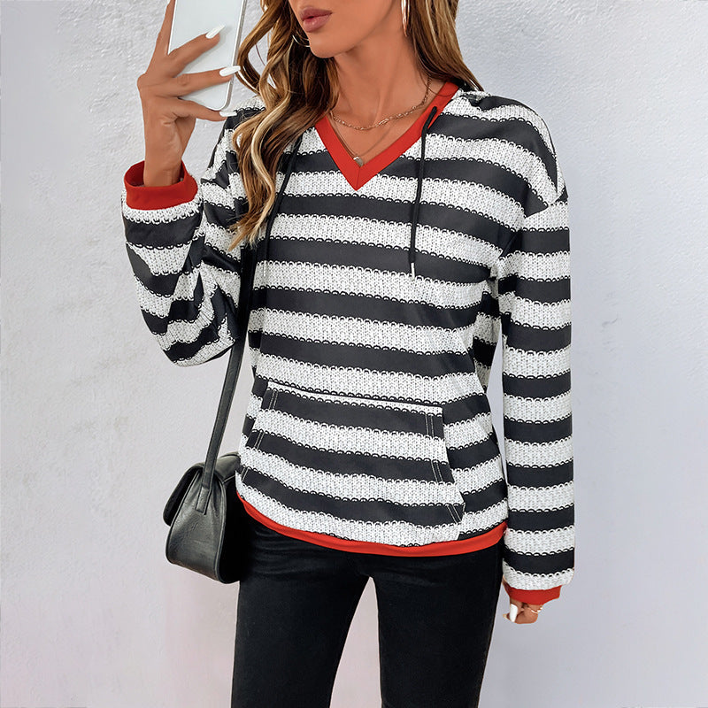 Striped V-Neck Hoodie