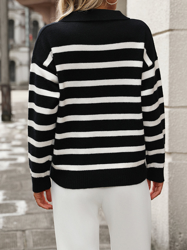 Striped Knit Jumper with Polo Collar and V Neckline