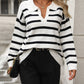 Striped Knit Jumper with Polo Collar and V Neckline
