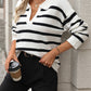 Striped Knit Jumper with Polo Collar and V Neckline