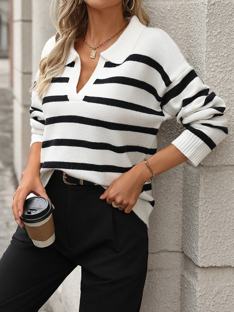 Striped Knit Jumper with Polo Collar and V Neckline