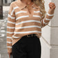 Striped Knit Jumper with Polo Collar and V Neckline