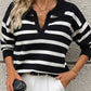 Striped Knit Jumper with Polo Collar and V Neckline