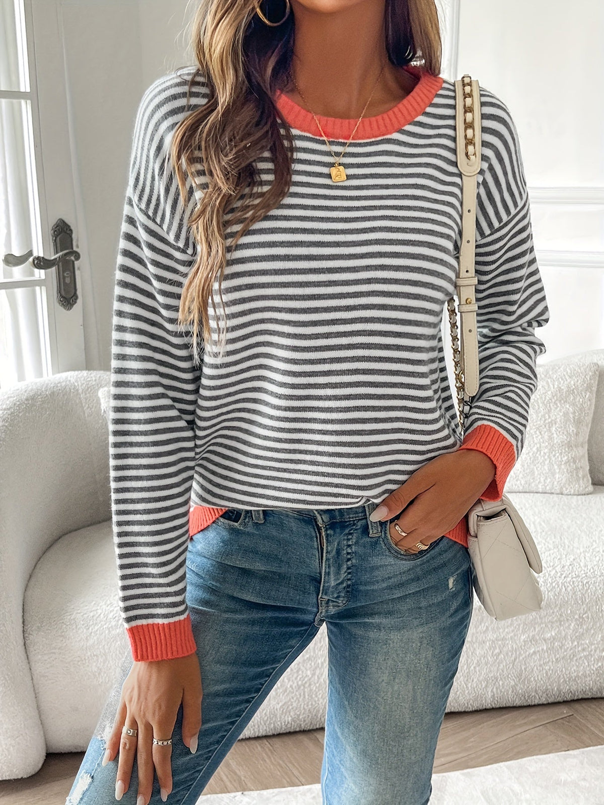 Coral Trim Striped Jumper