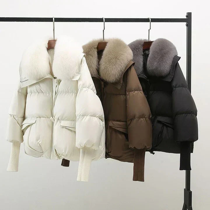 Coat Polyester Padded with Wide Faux Fur Collar and Ribbed Cuffs