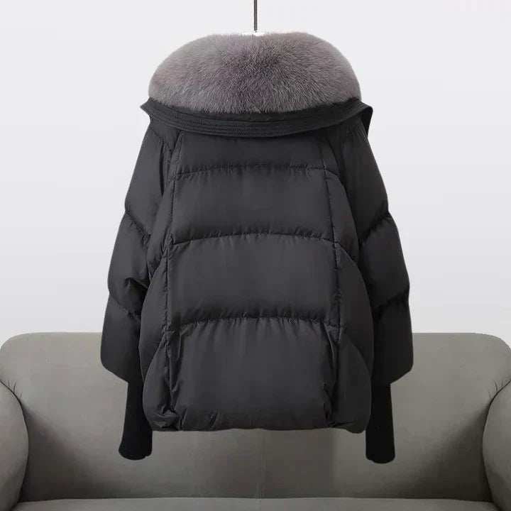 Coat Polyester Padded with Wide Faux Fur Collar and Ribbed Cuffs