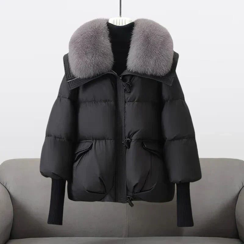 Coat Polyester Padded with Wide Faux Fur Collar and Ribbed Cuffs