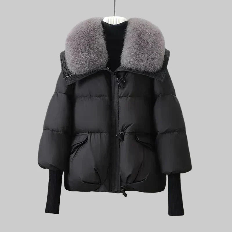 Coat Polyester Padded with Wide Faux Fur Collar and Ribbed Cuffs