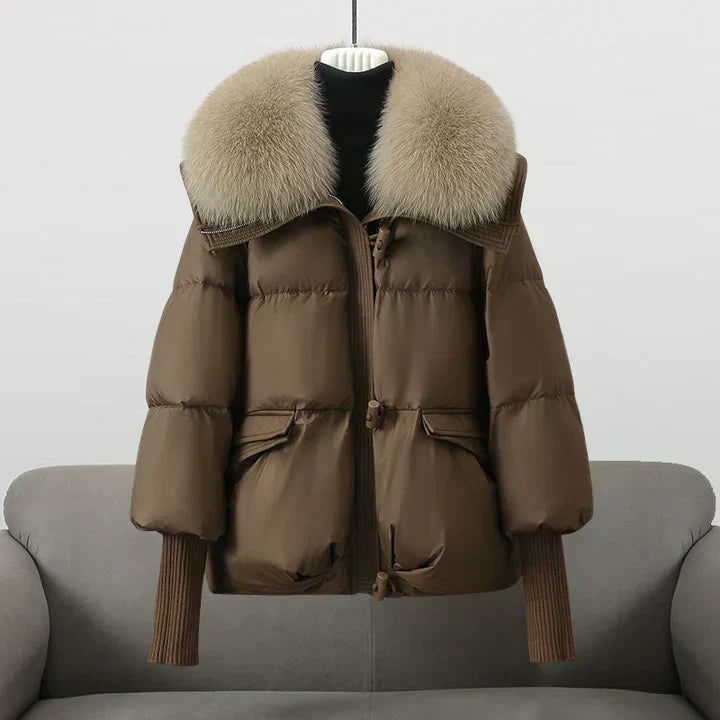 Coat Polyester Padded with Wide Faux Fur Collar and Ribbed Cuffs