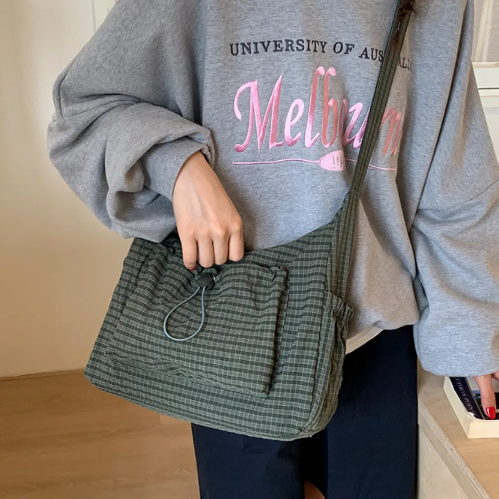 Crossbody Bag Checkered Nylon Polyester with Drawstring Front Pocket