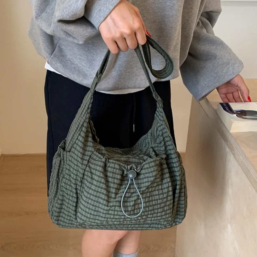 Crossbody Bag Checkered Nylon Polyester with Drawstring Front Pocket