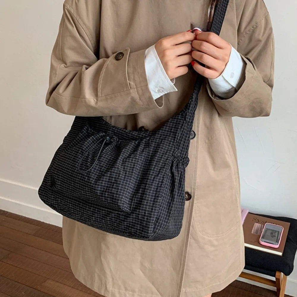 Crossbody Bag Checkered Nylon Polyester with Drawstring Front Pocket