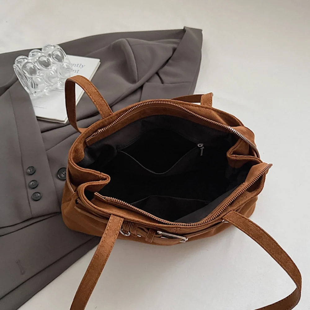 Shoulder Bag Faux Suede with Front Belt and Top Zip