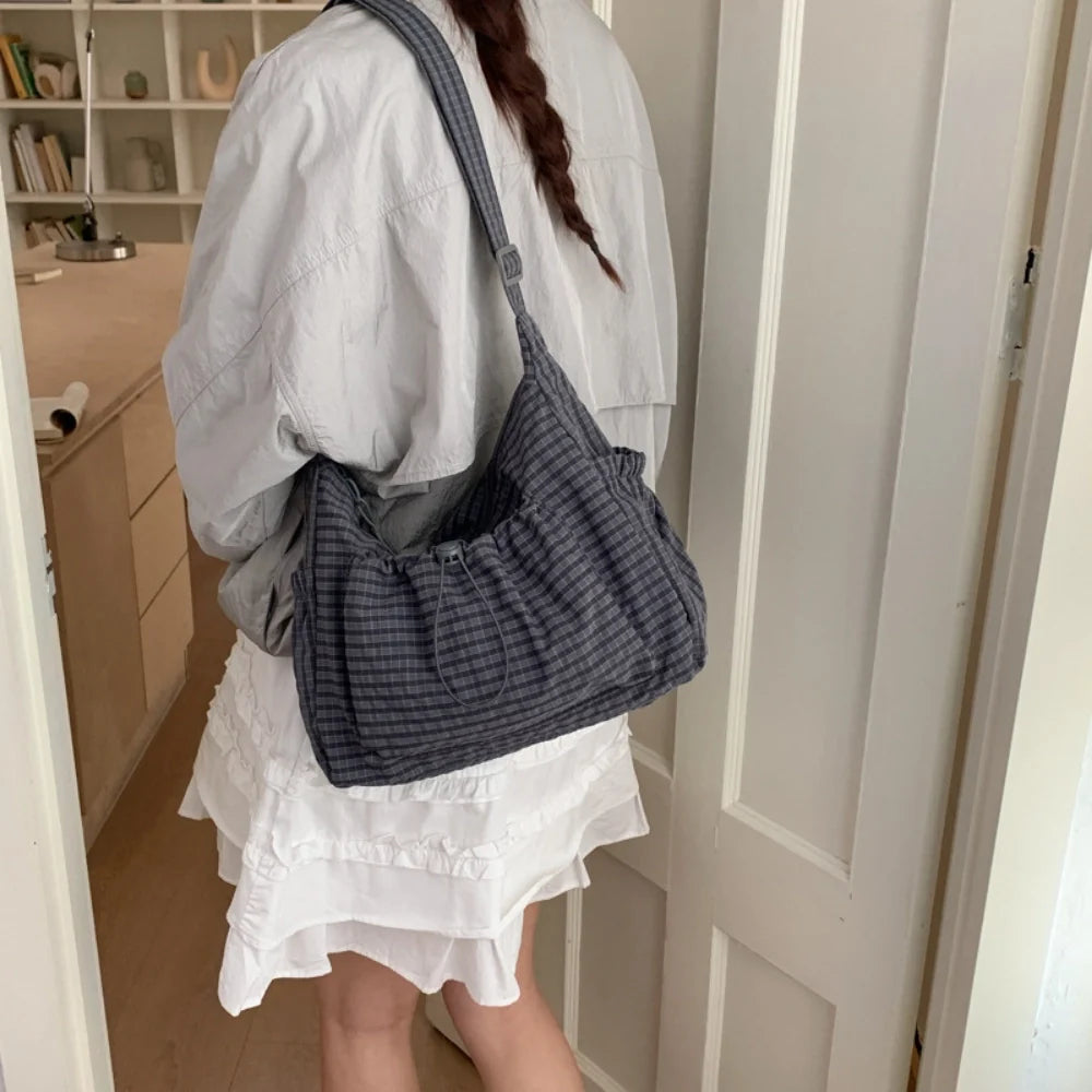 Crossbody Bag Checkered Nylon Polyester with Drawstring Front Pocket