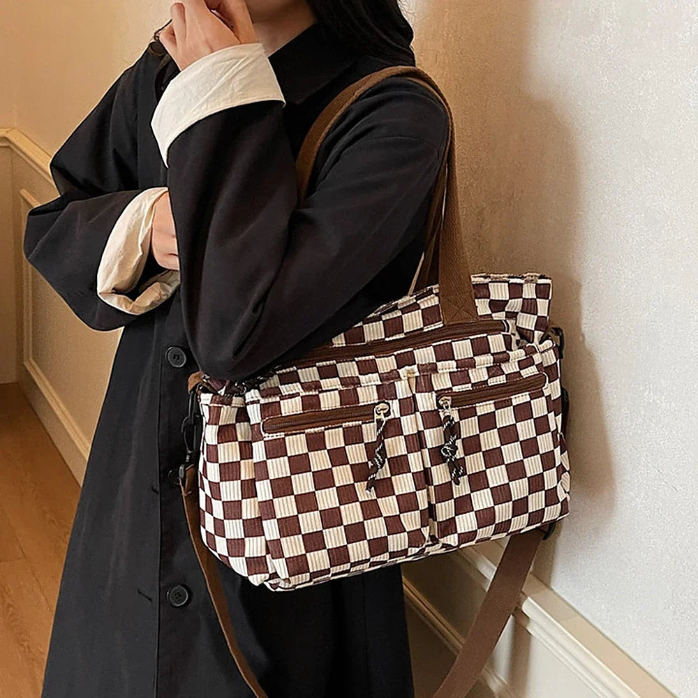 Crossbody Bag Checkered Corduroy with Top Handles and Pockets