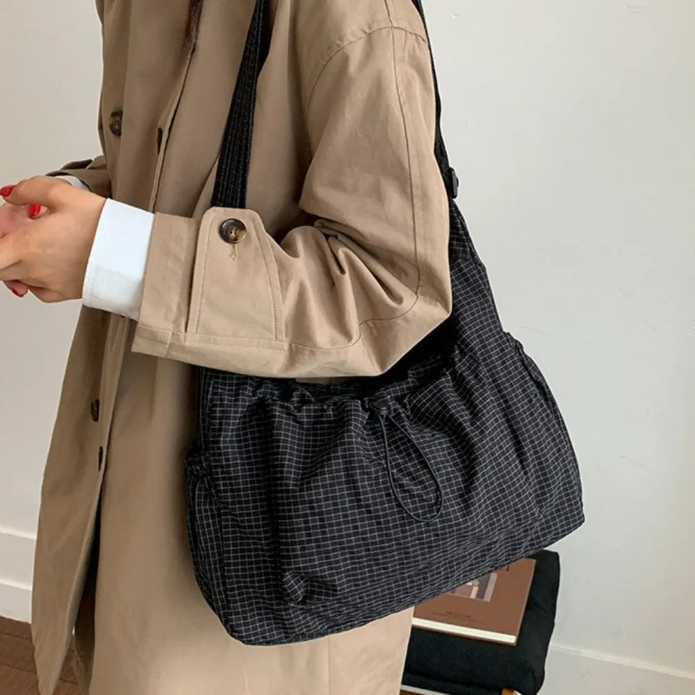 Crossbody Bag Checkered Nylon Polyester with Drawstring Front Pocket