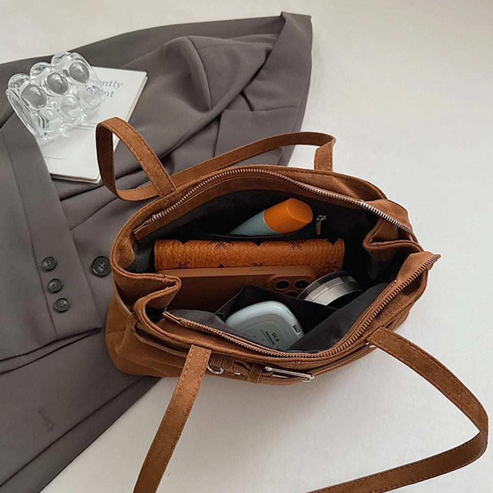 Shoulder Bag Faux Suede with Front Belt and Top Zip