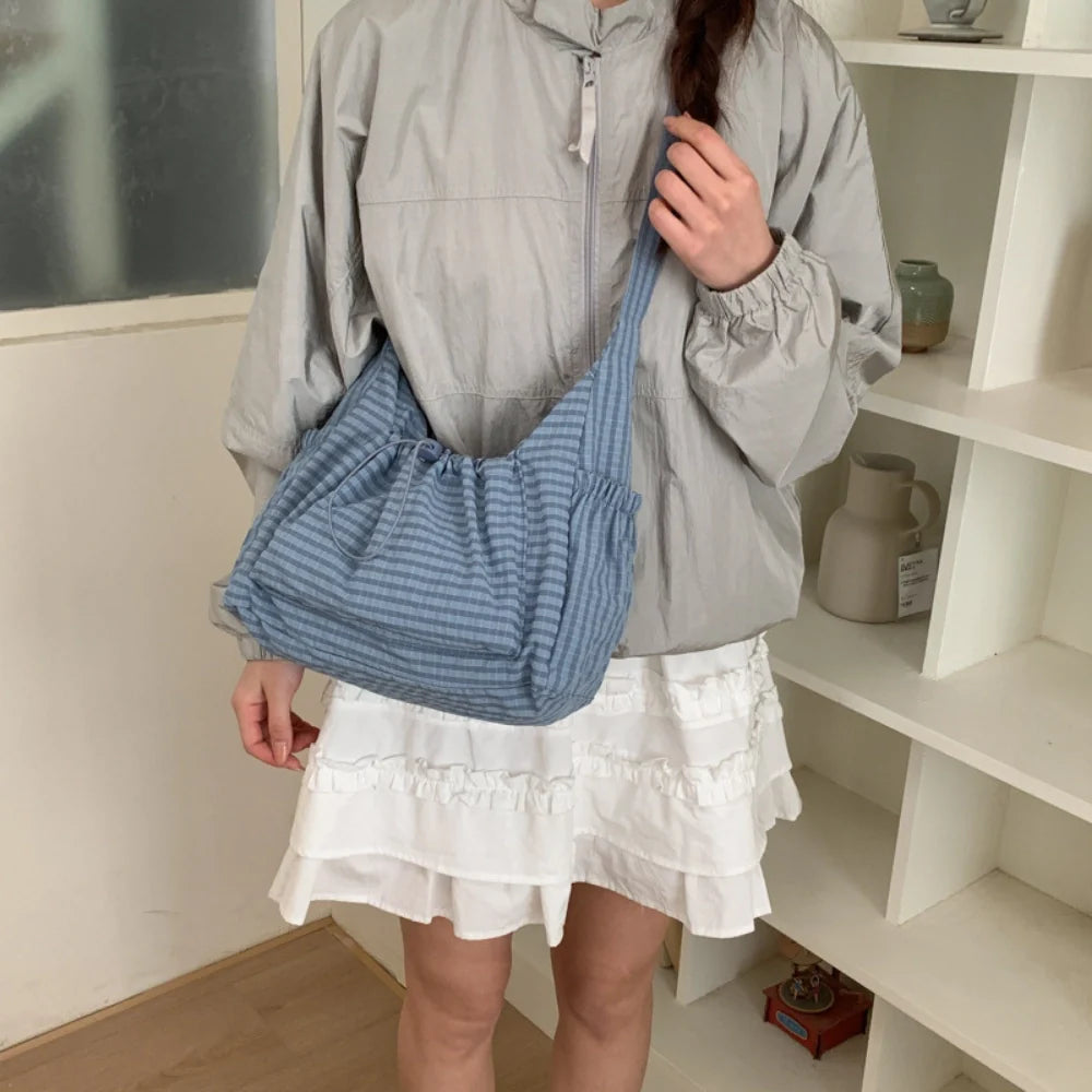 Crossbody Bag Checkered Nylon Polyester with Drawstring Front Pocket