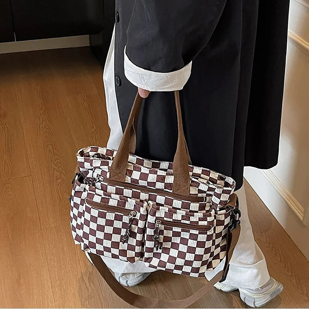Crossbody Bag Checkered Corduroy with Top Handles and Pockets
