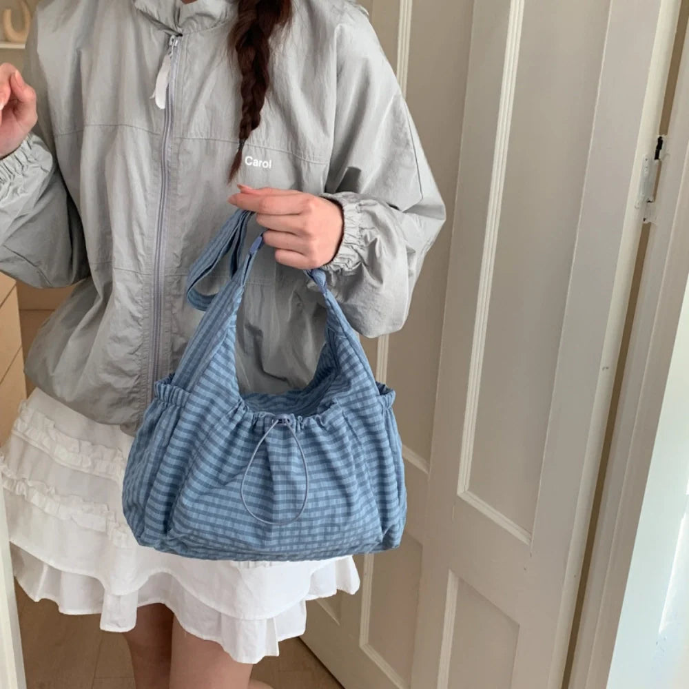 Crossbody Bag Checkered Nylon Polyester with Drawstring Front Pocket