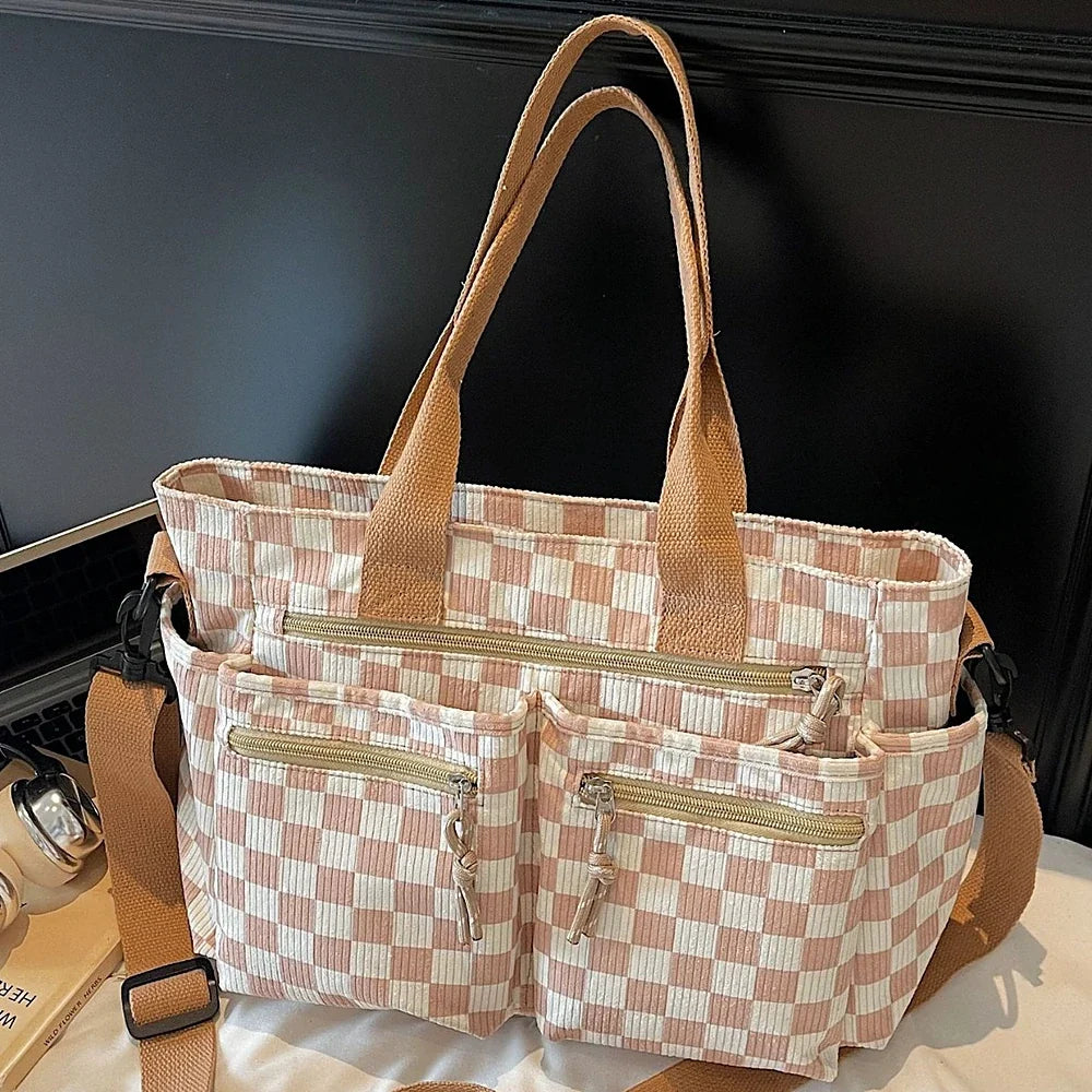 Crossbody Bag Checkered Corduroy with Top Handles and Pockets