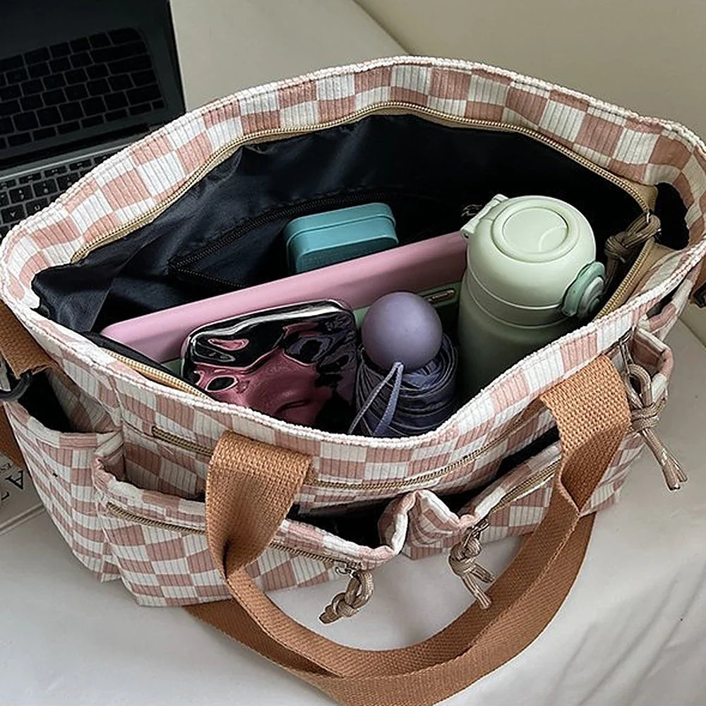 Crossbody Bag Checkered Corduroy with Top Handles and Pockets