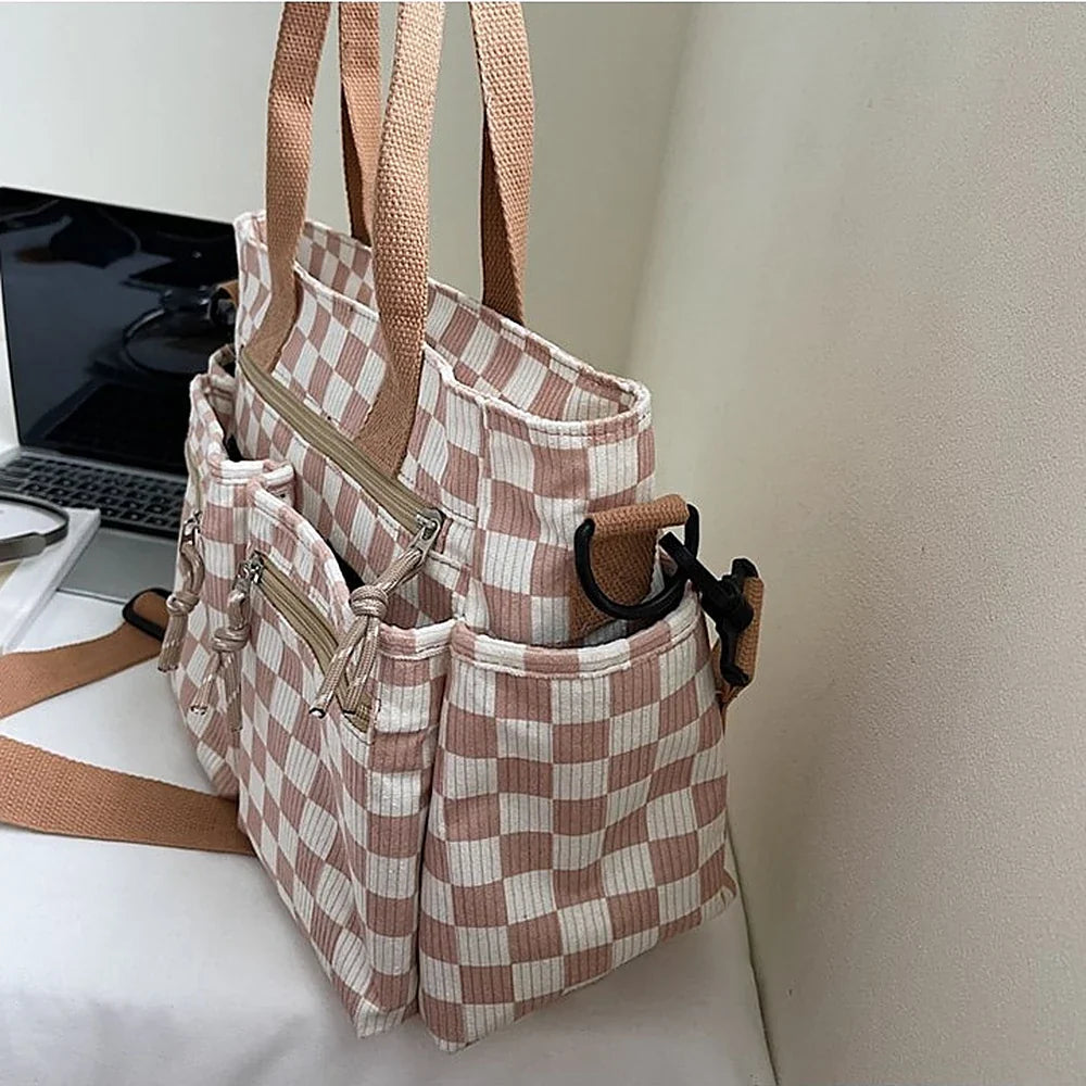Crossbody Bag Checkered Corduroy with Top Handles and Pockets