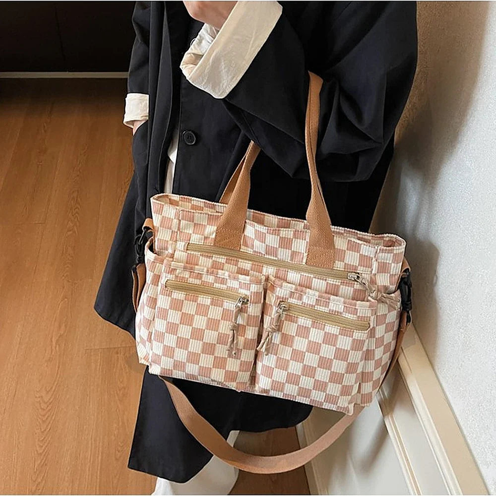 Crossbody Bag Checkered Corduroy with Top Handles and Pockets