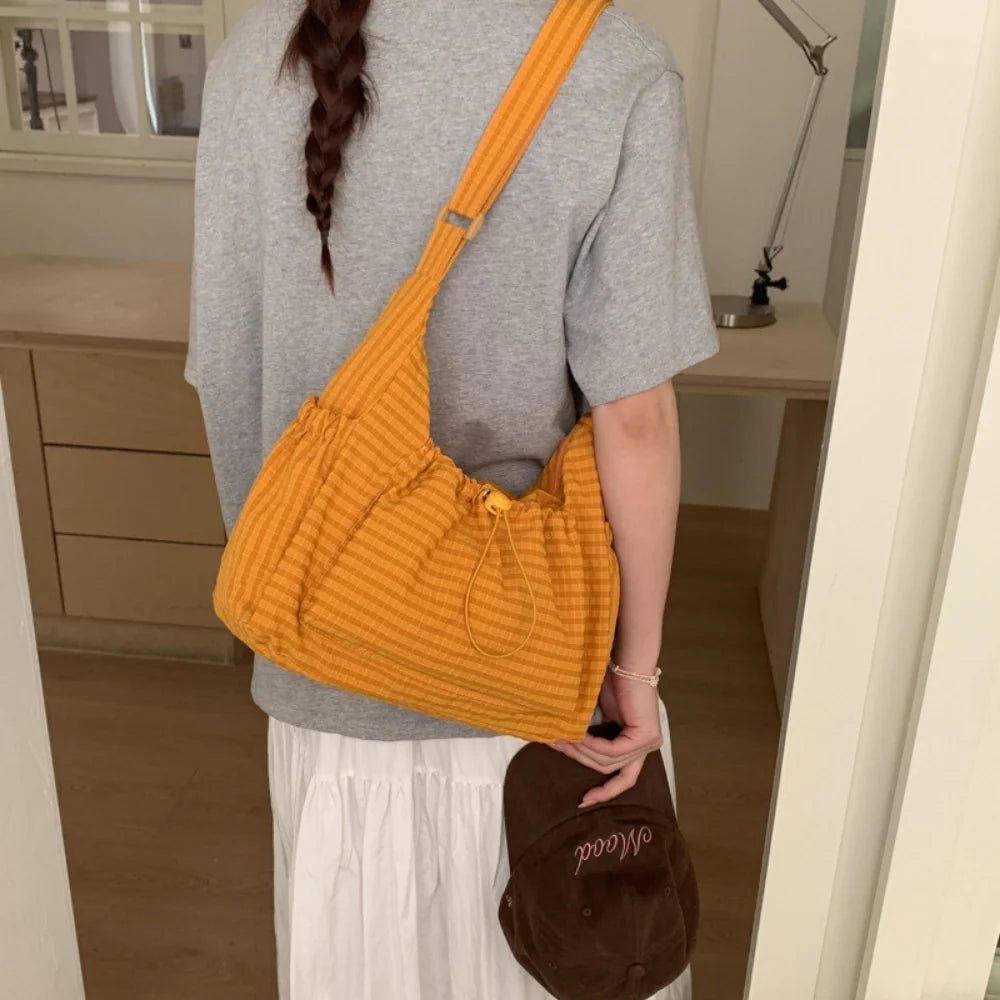 Crossbody Bag Checkered Nylon Polyester with Drawstring Front Pocket