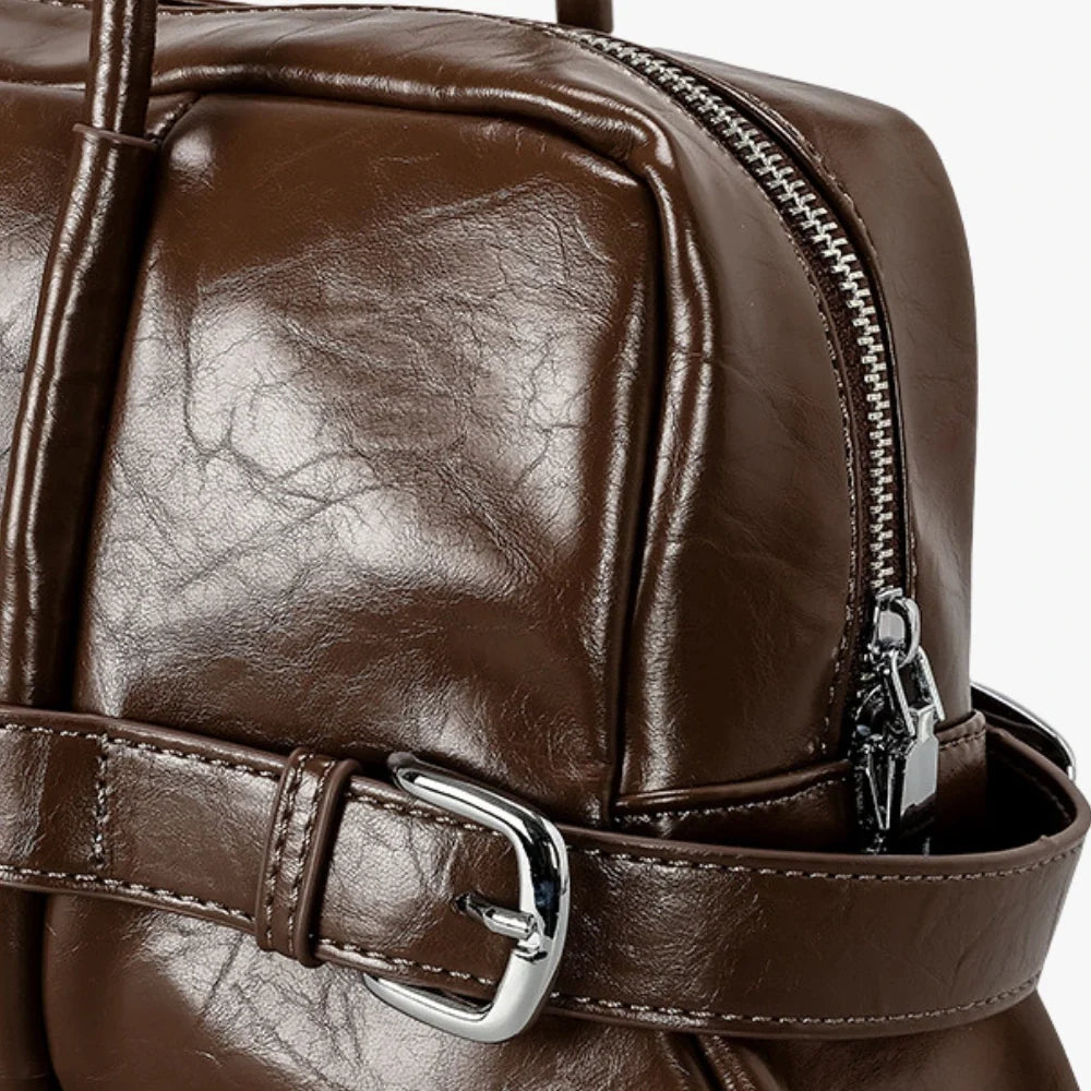 Shoulder Bag Faux Leather Glossy with Front Belt and Top Zip