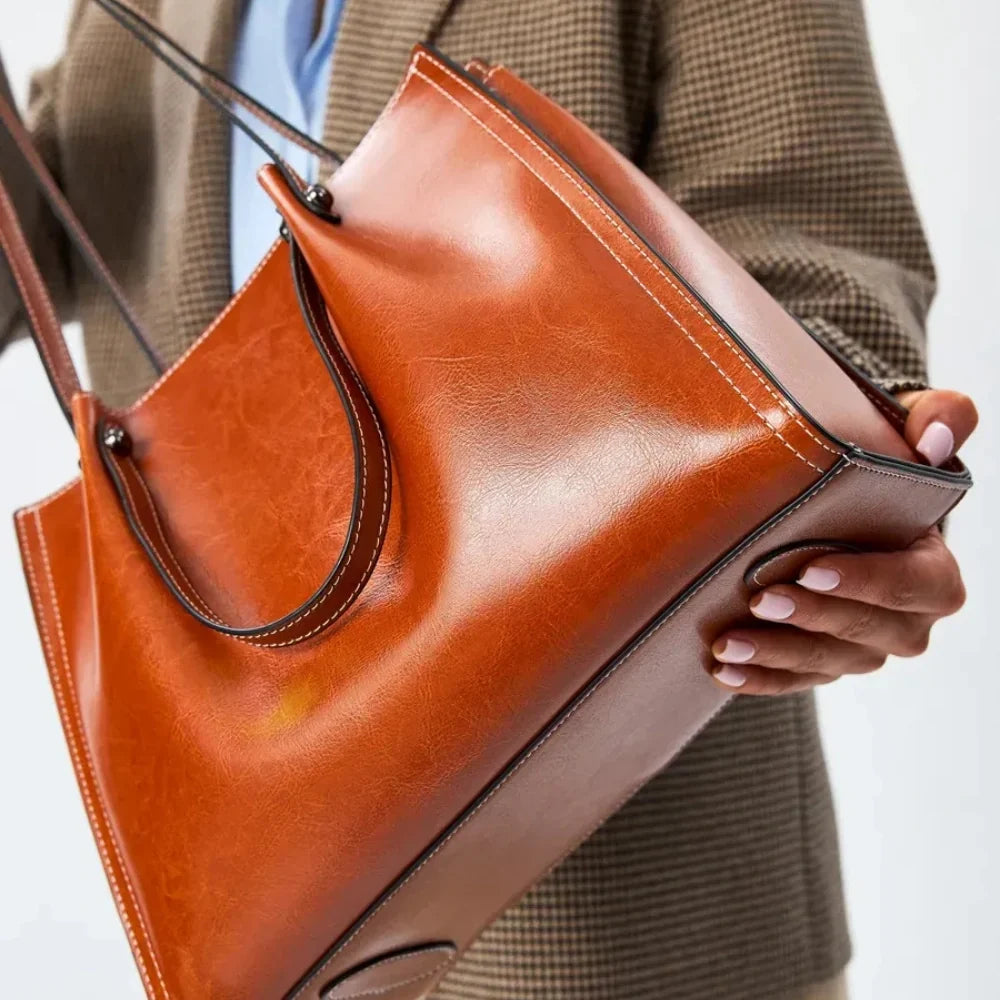 Tote Bag Genuine Leather with Three Compartments and Topstitching