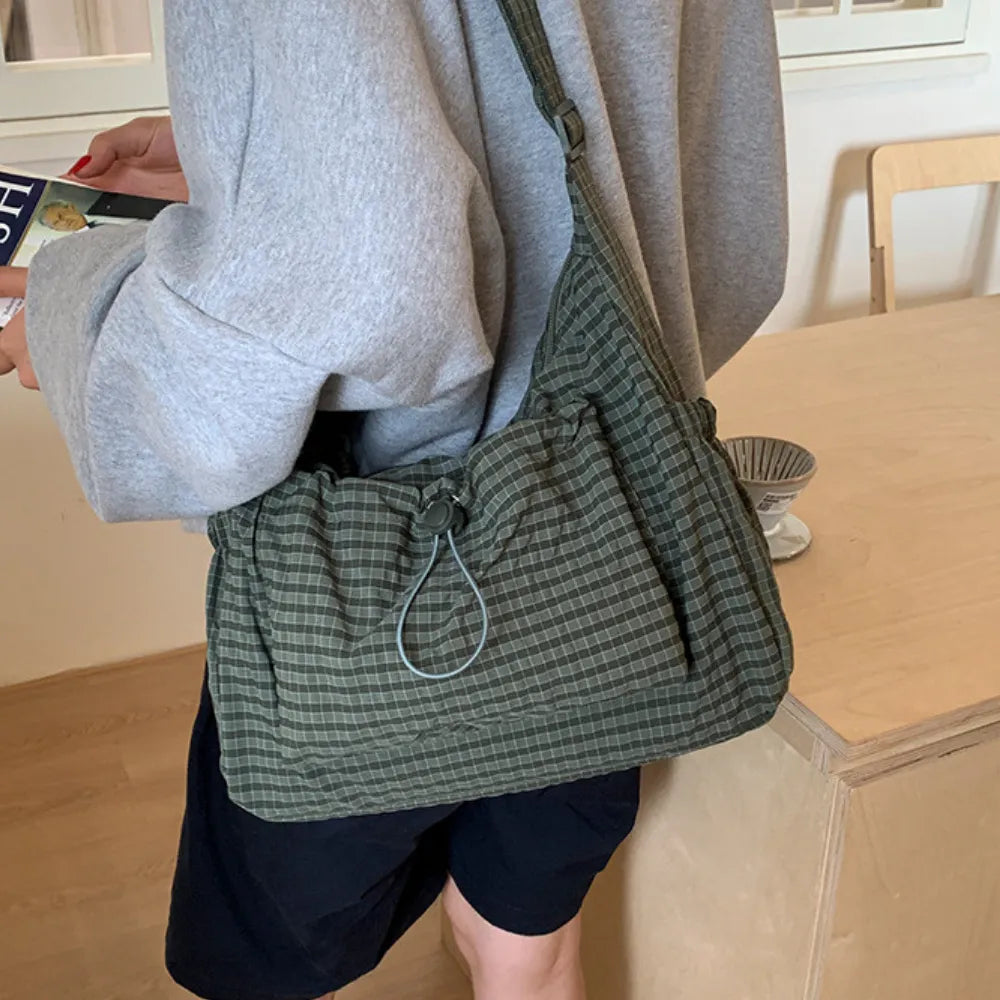 Crossbody Bag Checkered Nylon Polyester with Drawstring Front Pocket