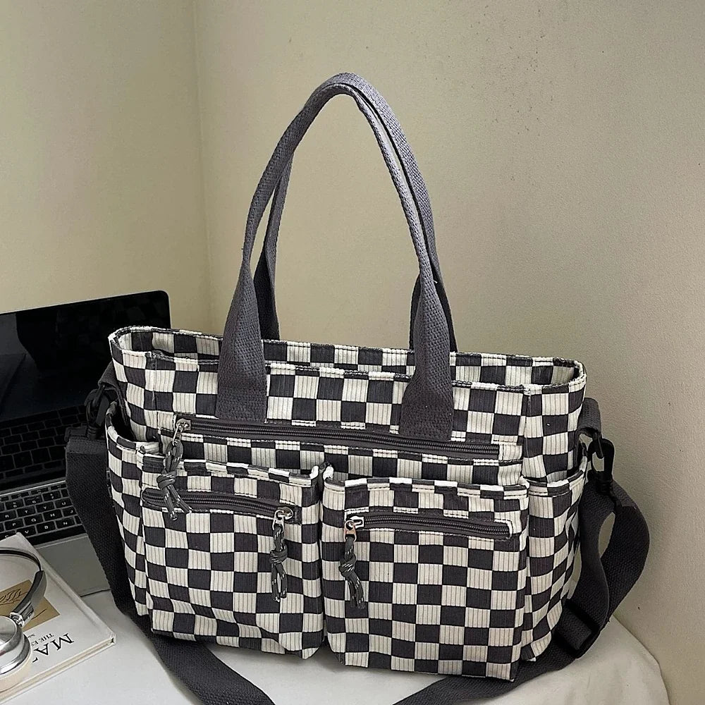 Crossbody Bag Checkered Corduroy with Top Handles and Pockets