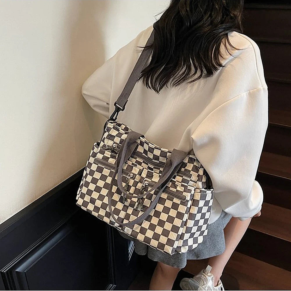 Crossbody Bag Checkered Corduroy with Top Handles and Pockets