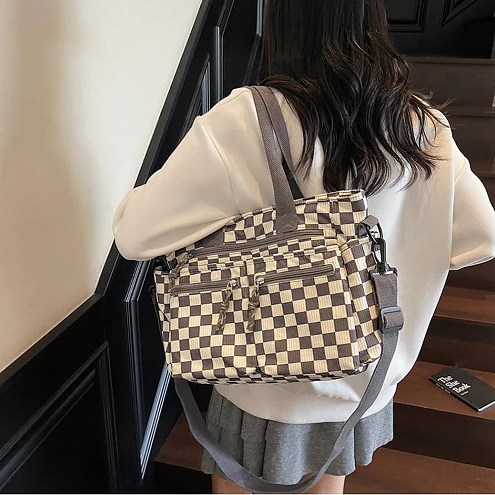 Crossbody Bag Checkered Corduroy with Top Handles and Pockets