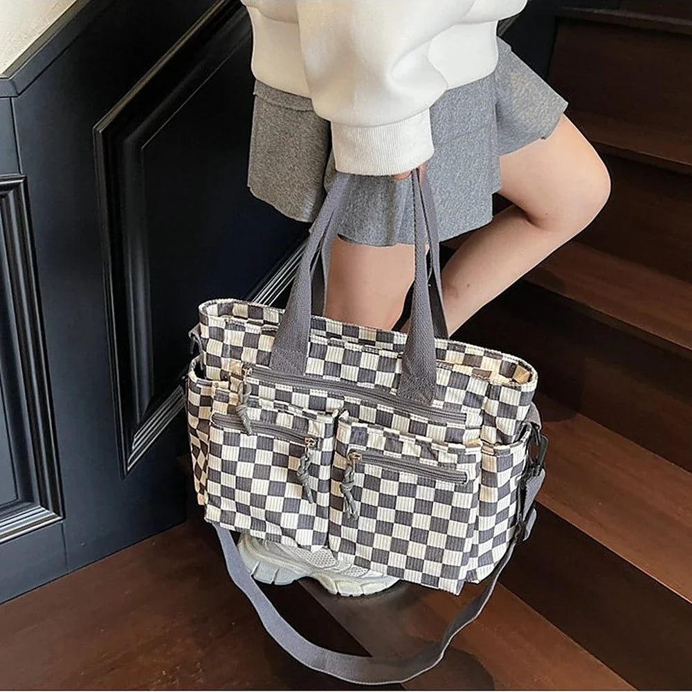Crossbody Bag Checkered Corduroy with Top Handles and Pockets