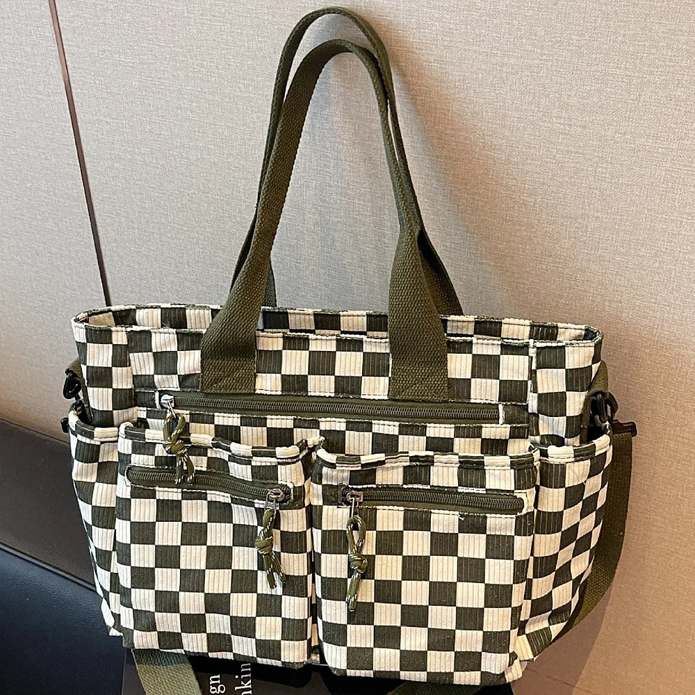 Crossbody Bag Checkered Corduroy with Top Handles and Pockets